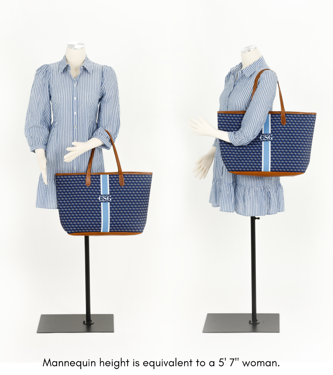 comparison of the monogram tote shows the initials to a mannequin that is equivalent to a 5'7 woman.