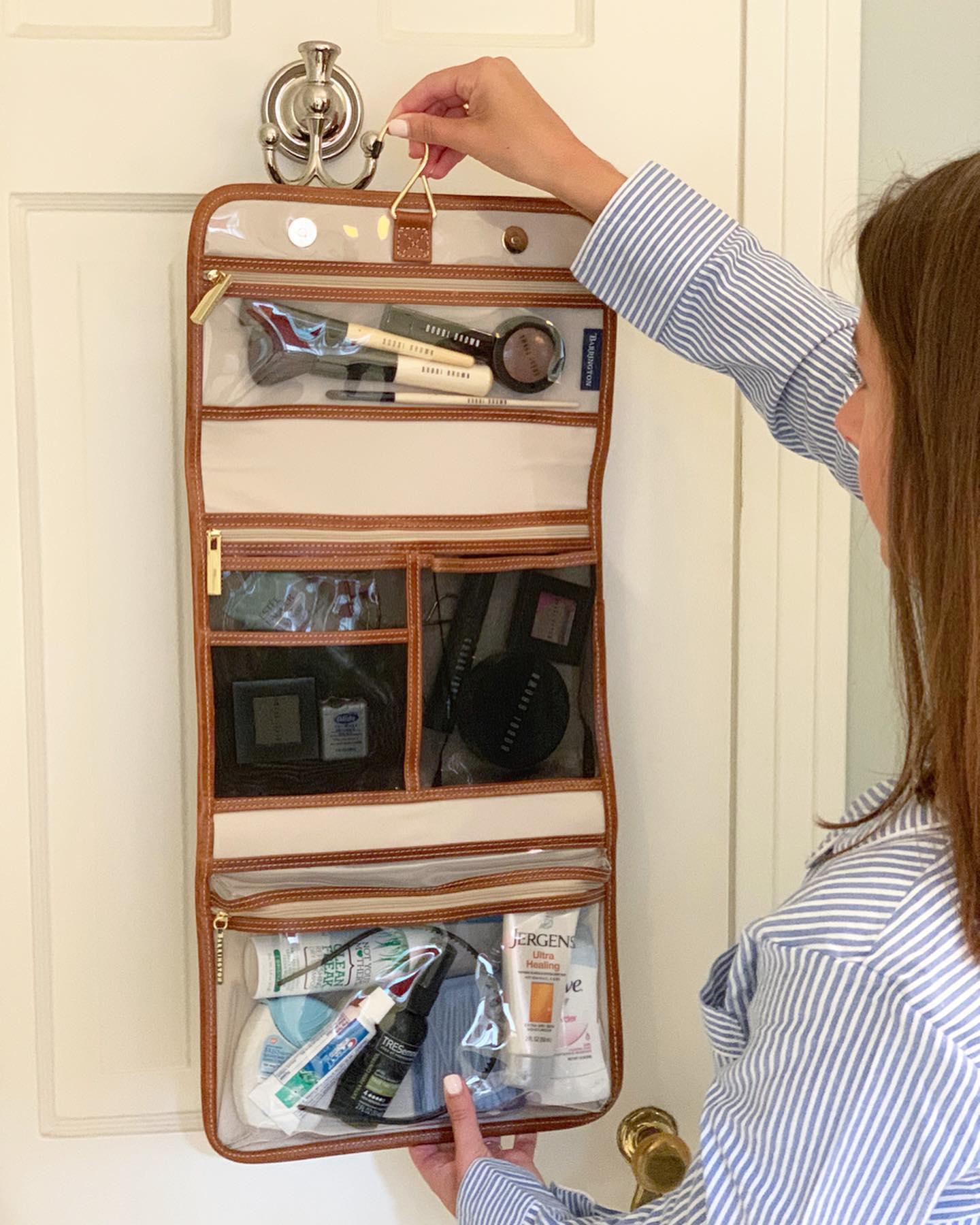 Compact and stylish hanging toiletry bag opened view, ideal for keeping your essentials secure.
