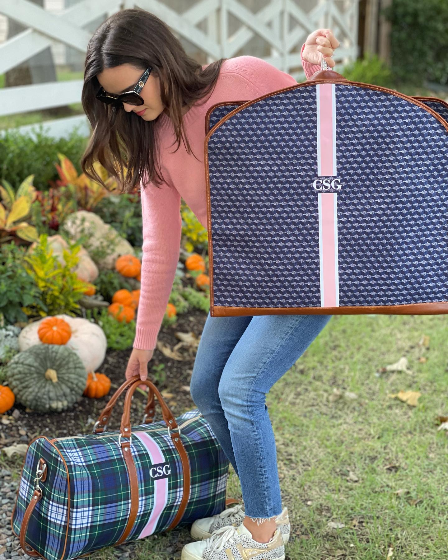 Monogrammed garment bag plaid design personalized