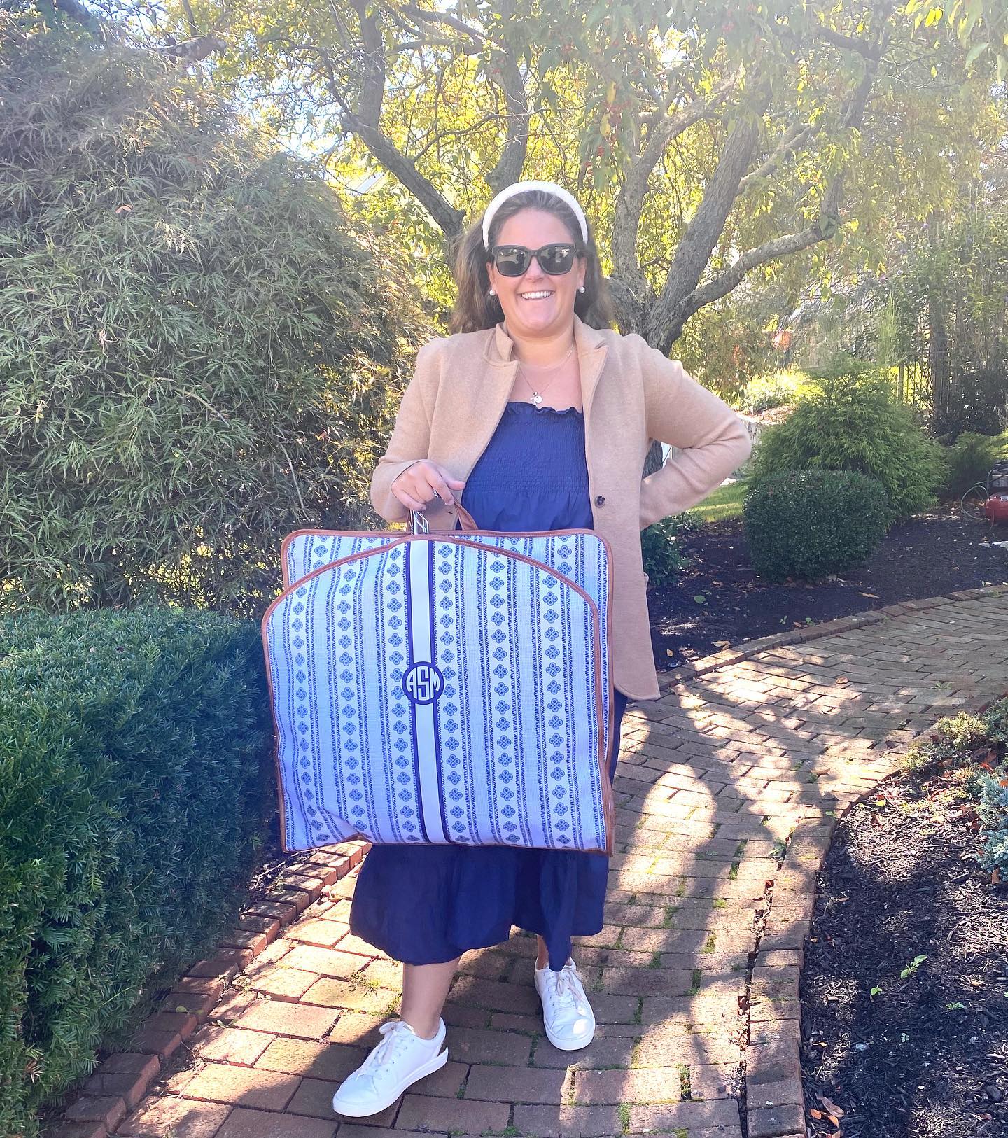 Personalized garment bag blue pattern monogram