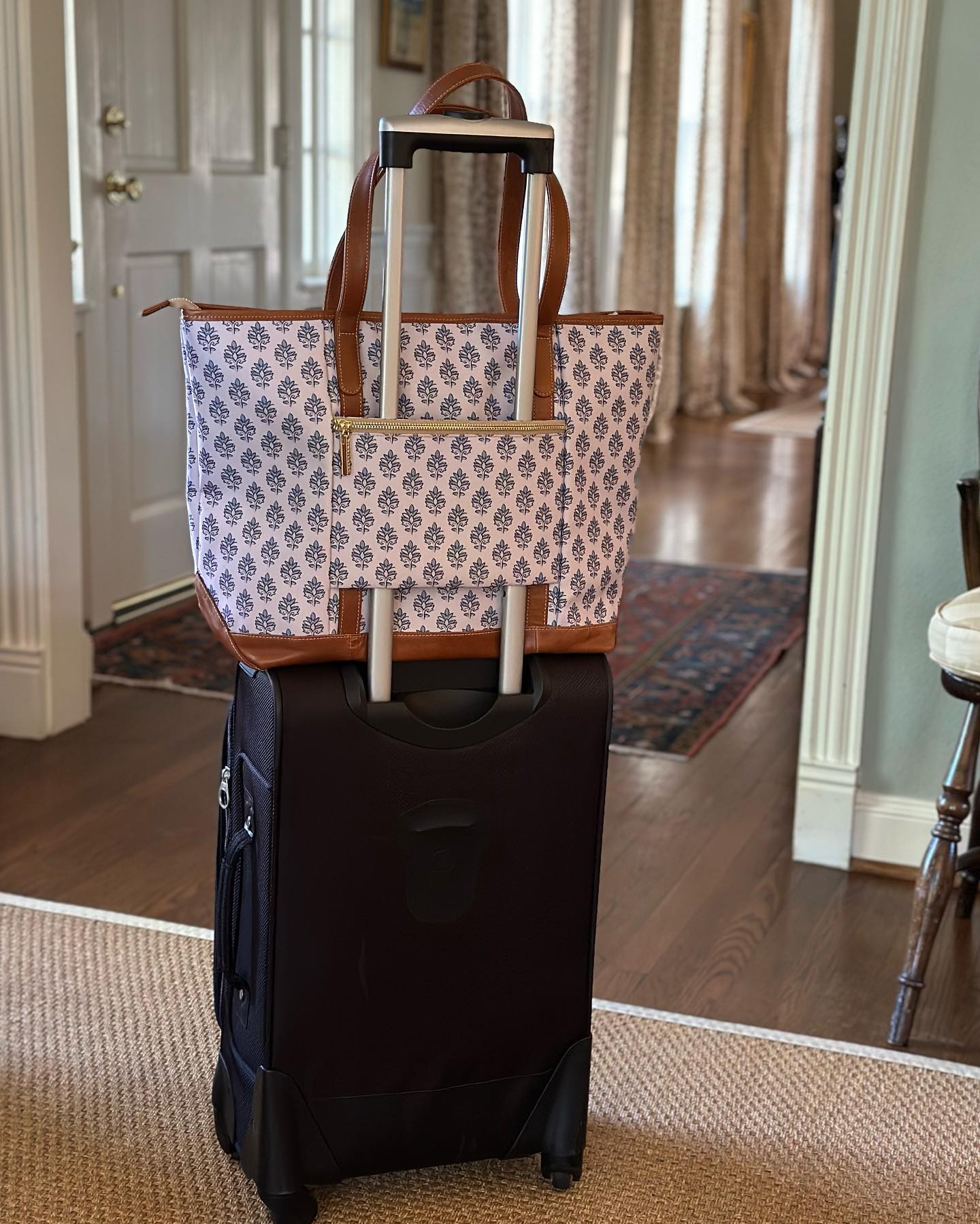 Back view of a personalized monogrammed tote bag showcasing the trolley sleeve, part of our monogrammed tote bags collection.