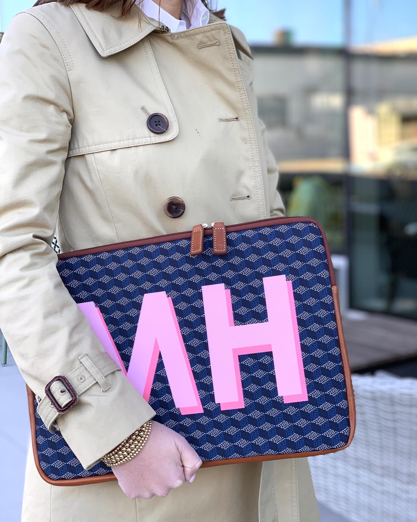 Navy monogrammed laptop sleeve street style