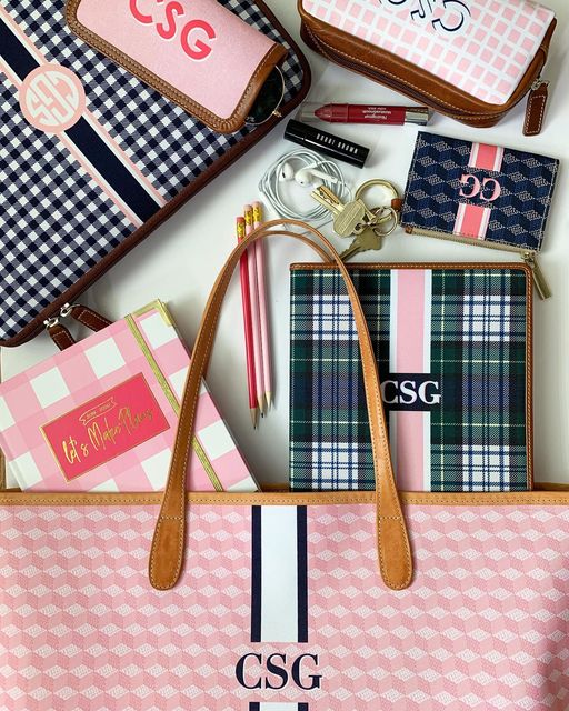 Pink and navy monogrammed laptop case key accessories