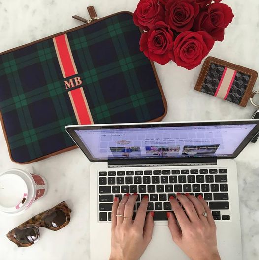 Plaid monogrammed laptop bag work desk setup