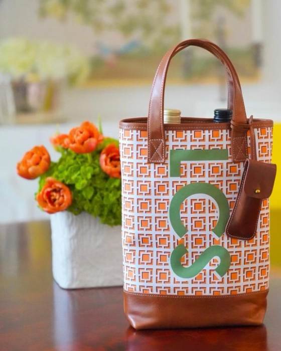 Monogrammed wine tote bag showcasing Barrington Gifts' leather trim and personalization, related to our monogrammed tote bags collection.